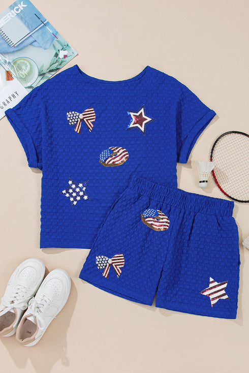 Sky Blue Flag Pattern Sequined Bows Donuts Loose 2pcs Shorts Set